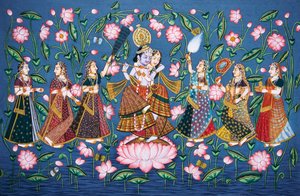Radha Krishna met Sakhis Miniatuurschilderij op papier door School Indian