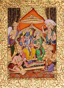 Ram Darbar in miniatuurschildering op papier met gouden reliëf door School Indian