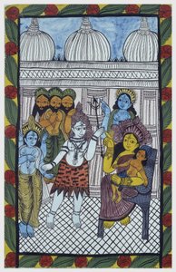 De goden komen Krishna bewonderen, belichaamd in het lichaam van een mooi kind, Ganesha (Ganesh of Ganapati) zittend op de knieën van zijn moeder Parvati. Pat: geschilderde rol van de Bengal-regio, dienend als verhalend medium voor zangers Baoul (Baul). Le