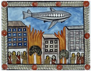 Het verhaal van de aanslagen van 11 september 2001 verteld door de straatverkopers Baul uit Bengalen. Schilderij, serie, nummer 6/9, Bengalen.