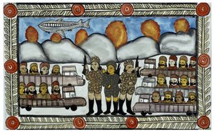 Het verhaal van de aanslagen van 11 september 2001 verteld door de Baul-verkopers uit Bengalen. Schilderij, serie, nummer 8/9, Bengalen door School Indian