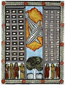 Het verhaal van de aanslagen van 11 september 2001 verteld door de straatverkopers Baul uit Bengalen, een illustratie van de vliegtuigen die deelnemen aan het World Trade Center in New York. Schilderij, serie, nummer 3/9, Bengalen