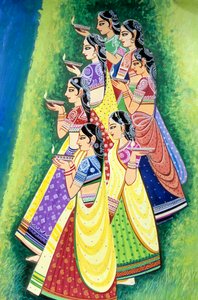 Vrouwen met olielamp miniatuurschilderij, India