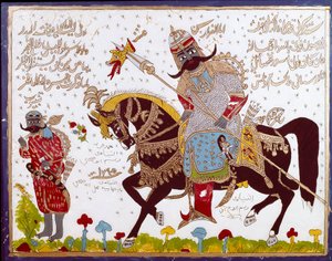 Islamitische kunst: glas schilderij dat de geschiedenis van Antar (Antar ibn Shaddad) afbeeldt