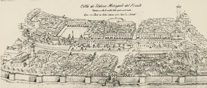 Vogelvlucht van westelijk deel van de stad Udine (gravure) door School Italian