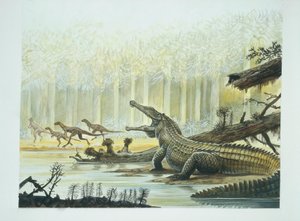 Rutiodon met Fabrosaurus op de achtergrond, Trias-periode