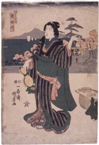 Edo Meisho Uchi: Sumidagawa (vrouw met kalebas) door School Japanese