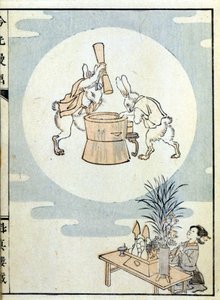Japanner in gebed en konijnen in de maan die rijstpoeder stampen (Japanse prent) door Japanese School