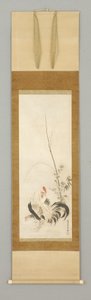Kakemono, haan en hen met bloemen