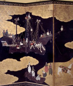 “Portugees” scherm: een voorstelling van de aankomst van Portugese Jezuïetenmissionarissen in Japan in de 16e eeuw. Detail