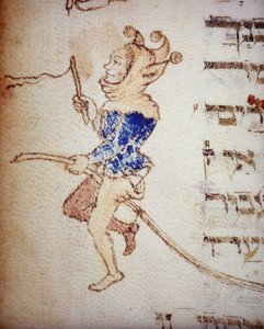 Een hofnar. 13e-eeuws Joods manuscript. Biblioteca Palatina, Parma.