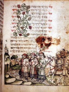 Bijbelse scène: Joden steken de Rode Zee over. Pagina van een Machazor, gebedenboek in het Hebreeuws. manuscript sd.