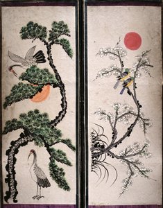 Twee panelen van een achtvoudig scherm met vogels en bloemen (natuurlijke pigmenten op papier)
