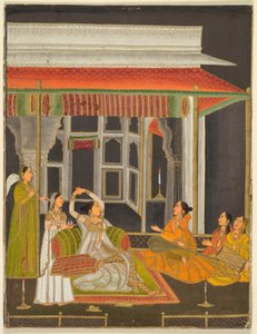 Een prinses op een terras met bedienden bij nacht (recto); kalligrafie (verso), ca. 1760 (dekkende aquarel met goud op papier)