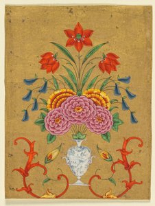 Vaas met bloemstuk en rolwerk, ca. 1750-1800 (dekkende aquarel met goud op papier) door School Mughal