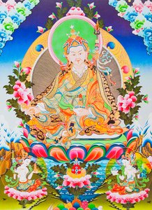 Afbeelding van Padmasambhava of guru Rimpoche, de vergoddelijkte apostel van het Tibetaanse tantrisme die naar verluidt demonen en geesten onder controle kreeg door School Nepalese