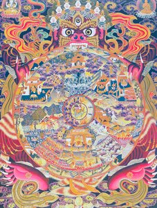 Afbeelding van het Wiel van het Leven, die de Kalachakra of misleid bestaan uitbeeldt, gehouden in de mond van Yama, de god van de dood die geboorte, dood en wedergeboorte vertegenwoordigt