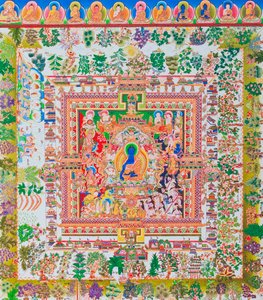 Medicijn Boeddha Mandala, de centrale figuur van Bhaisajyaguru vertegenwoordigt de opperste genezer in monastieke gewaden met een kom met geneeskrachtige planten door School Nepalese