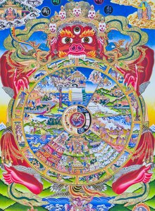 Wiel van het Leven Mandala, die de Kalachakra of misleid bestaan toont, gehouden in de mond van Yama, de god van de dood die geboorte, dood en wedergeboorte vertegenwoordigt