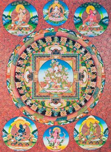 Witte Tara Mandala; de zevenogige vrouwelijke godheid van het boeddhistische pantheon die de godin van mededogen en de beschermer van mensen vertegenwoordigt door School Nepalese