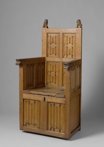 Fauteuil met doosvormige basis, versierd met letterpaneel en schilddragende leeuwen door School Netherlandish
