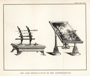 Lezen lessenaar met landschap en inktstandaard met inktpot en ganzenveren door School Netherlandish