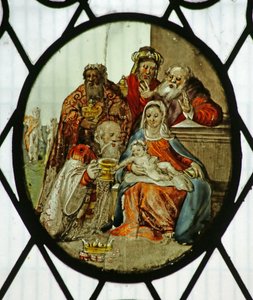 Rondel: De Aanbidding der Wijzen (glas-in-lood)