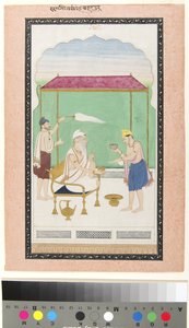 Ranjit Singh zittend op een gouden stoel, bediend door een morchal-drager