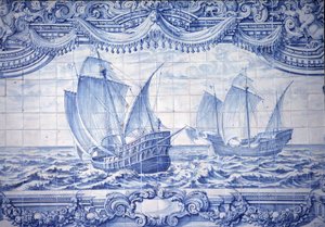 Karvelen in de 15e-17e eeuw, azulejos, rond Lissabon, Portugal door School Portuguese