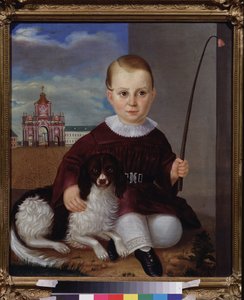 Jongen met een hond voor de rode deur (Moskou)