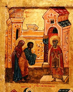 Icoon met Joachim en Anna die de Tempel in Jeruzalem bezoeken (detail)