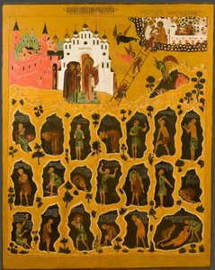 ""De visie van Sint Jan Climacus"" Rechtsboven is de heilige ladder van Sint Jan de Sinaïet afgebeeld - Ze toont de monniken die de top van de ladder bereiken en degenen die in de hel vallen - Russische icoon uit het begin van de 16e eeuw door School Russian