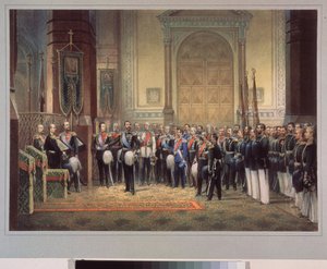 De eed van trouw van tsarevitsj Nicolaas Alexandrovitsj Romanov van Rusland (1843-1865) in de legerkerk