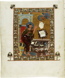 Het Ostromir-evangelie, werk gecreëerd door diaken Gregory (actief 1054-1057) voor zijn patroon Posadnik Ostromir van Novgorod, aquarel op perkament door School Russian