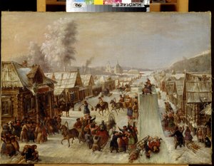 Vastenavond. Scène van traditionele festiviteiten en volksvreugde in een besneeuwde straat van een klein stadje met houten huizen door School Russian