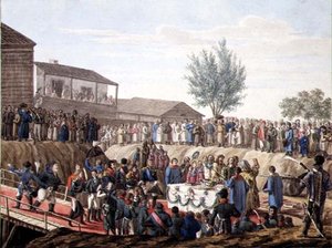 Het leggen van de eerste steen van het douanehuis in Mohiloff in 1820 door School Russian