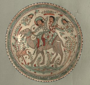 Kom met een jachtscène uit het verhaal van Bahram Gur en Azadeh door School Sasanian