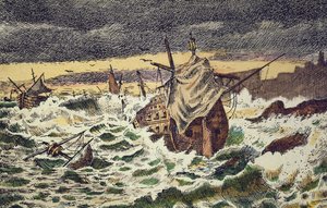 Vernietiging door stormen van de onoverwinnelijke Spaanse Armada, gestuurd door koning Filips II tegen Engeland in 1588 door School Spanish