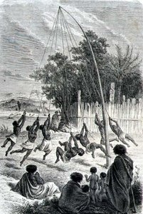 Maori-krijgers spelen op een schommel, illustratie uit 