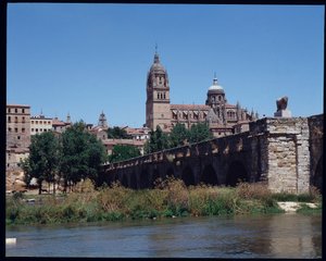 Uitzicht op Romeinse brug over rivier, Tormes en kathedraal
