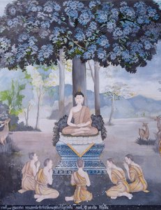 Fresco die een scène uit het leven van Boeddha afbeeldt, Wat Phra That Doi Suthep-tempel door School Thai