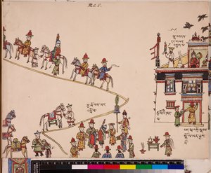 Illustratie van een deel van een huwelijksceremonie: de bruid wordt bij haar huis opgehaald, ca. 1844 - 62 (pigmenten op papier)