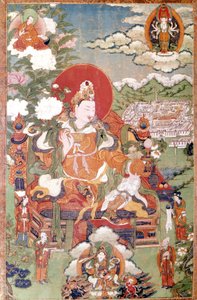 Koning van Tibet Sung-Tsen-Gampo uit de 7e eeuw. Tibetaanse thangka, Musée Guimet, Parijs door School Tibetan