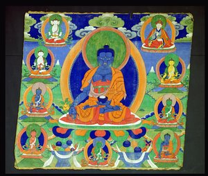 Thangka-schilderij met De Boeddha van Genezing, Bhaishajyaguru (Menla) Tibetaans