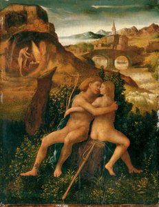 Venus en Mars in een rivierlandschap met Vulcan aan het werk in zijn smederij, c.1500 door School Venetian