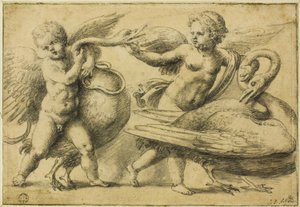 Putti spelen met zwanen door School of Raphael