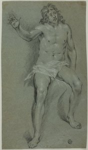 Zittend mannelijk naakt (recto); schetsen van hand en jongenskop (verso) door School of Rembrandt van Rijn
