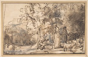 De ontmoeting van Jacob en Rachel bij de bron, 1640-49 door School of Rembrandt van Rijn