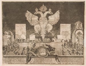 Vuurwerk in Moskou op 1 januari 1704 ter gelegenheid van de verovering van het Zweedse fort Nyenskans, 1705 door Schoonebeek