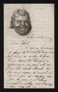 Brief geschreven op schrijfpapier met het gezicht van een lachende man